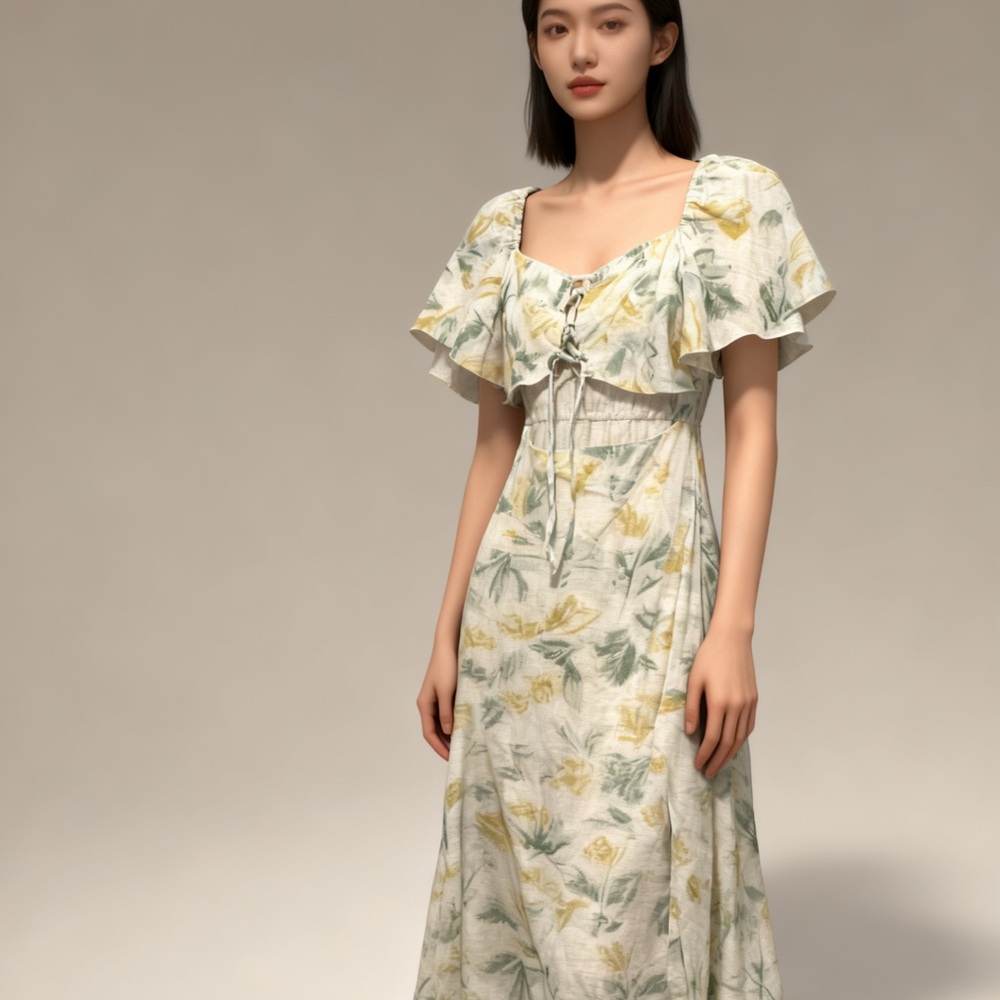 Zara Floral Midi Dress in Green and Yellow